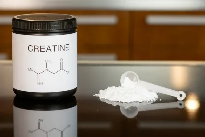 Creatine monohydrate bottle and spoon on a table