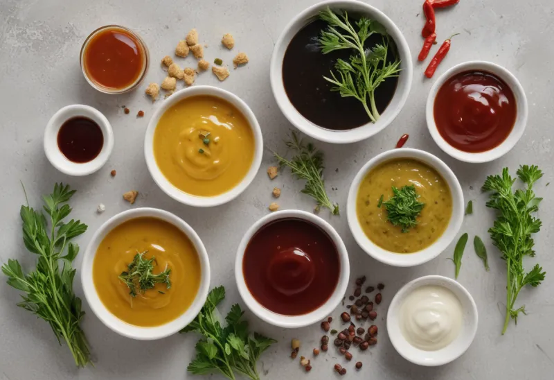 Bowls of colourful low-calorie sauces beside a lean high-protein meal