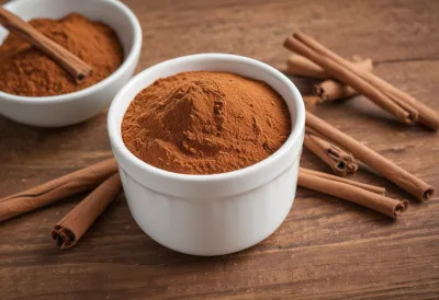 Палочки корицы и молотая корица рядом с миской овсянки на светлой столешнице