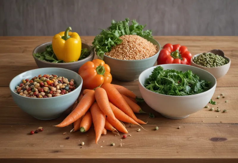 An overhead spread of a DASH diet meal plan with vegetables, legumes, fish and whole grains