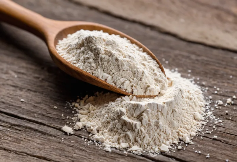 Scoop of micronised creatine monohydrate powder next to a shaker bottle