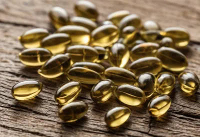 Omega iii fish oil capsules alongside krill oil and algae oil bottles on a wooden surface