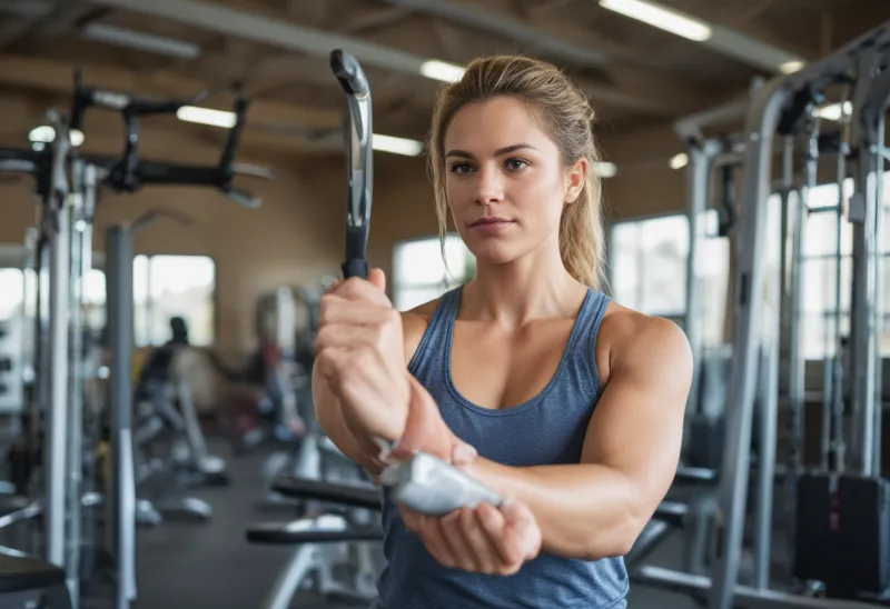 A woman over 40 confidently lifting a barbell in a bright modern gym for bone health