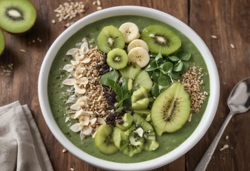 A thick vegan protein smoothie bowl topped with berries, granola and seeds in a bright kitchen