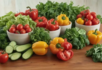 A large colourful volumetrics plate of water-rich vegetables, fruit and lean protein
