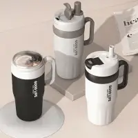 Stainless Steel Thermo Cup with Handle, Double Wall and Straw 720ml Beige & Brown — Accessory view 2