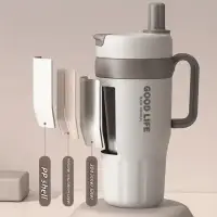 Stainless Steel Thermo Cup with Handle, Double Wall and Straw 720ml Beige & Brown — Accessory view 4