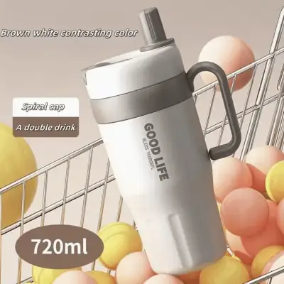 Stainless Steel Thermo Cup with Handle, Double Wall and Straw 720ml Beige & Brown — Accessory - image 1 of 6