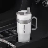 Stainless Steel Thermo Cup with Handle, Double Wall and Straw 720ml Beige & Brown — Accessory view 5