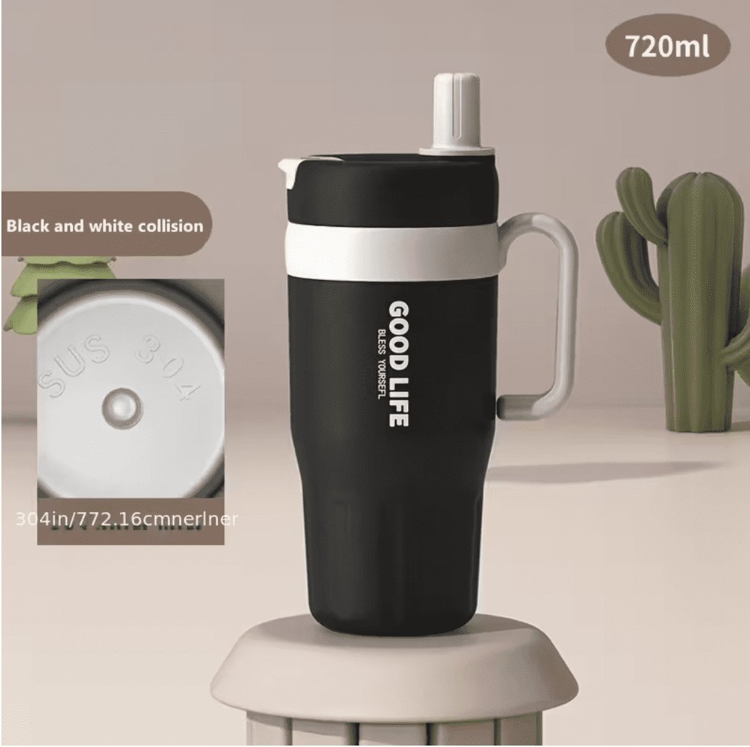 Roostevabast terasest termostass sangaga, topeltseinaga ja kõrrega 720ml must ja beež — Accessory - product image